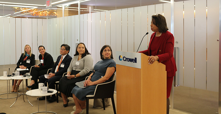 Blair Decker, pro bono counsel for Hogan Lovells US LLP; Tiana Russell, public service counsel at Crowell & Moring LLP; Michael Park, partner at Alston & Bird LLP; Danielle Moise, pro bono attorney for Covington & Burling LLP; and Sylvia Soltis, director of Legal Aid DC’s Pro Bono Program.